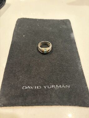 David Yurman Sterling Double Cable Ring with Blue Topaz and 14K Gold Bezel